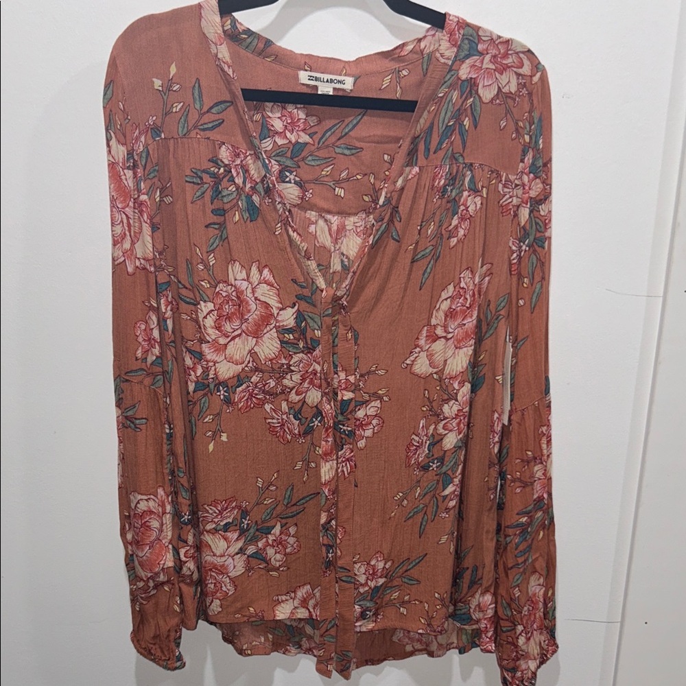 Billabong Rust Floral V‑Neck Long Sleeve Blouse
